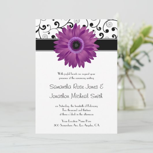Paarse Gerbera Daisy Black Scroll Design Wedding Kaart (Staand voorkant)