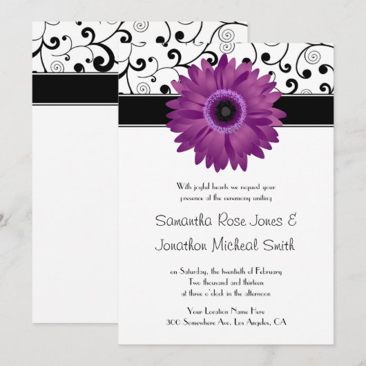 Paarse Gerbera Daisy Black Scroll Design Wedding Kaart (Voorkant / Achterkant)