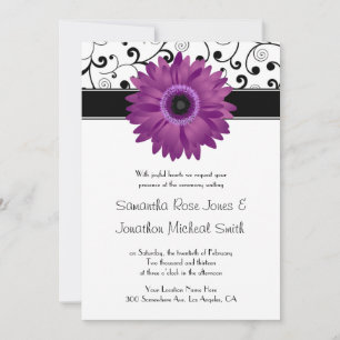 Paarse Gerbera Daisy Black Scroll Design Wedding Kaart