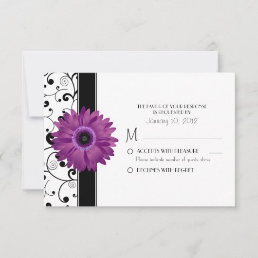 Paarse Gerbera Daisy met Black Scroll Design RSVP Kaartje (Voorkant)