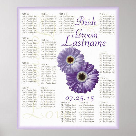 Paarse Gerbera Daisy Wedding Guest Seating Chart Poster (Voorkant)