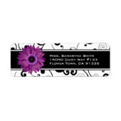 Paarse Gerbera Daisy Zwart & Wit Scroll Etiket (Voorkant)