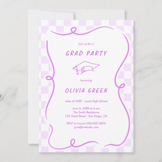 Paarse geruit Squiggle Lijst Afstuderen Kaart (Voorkant)