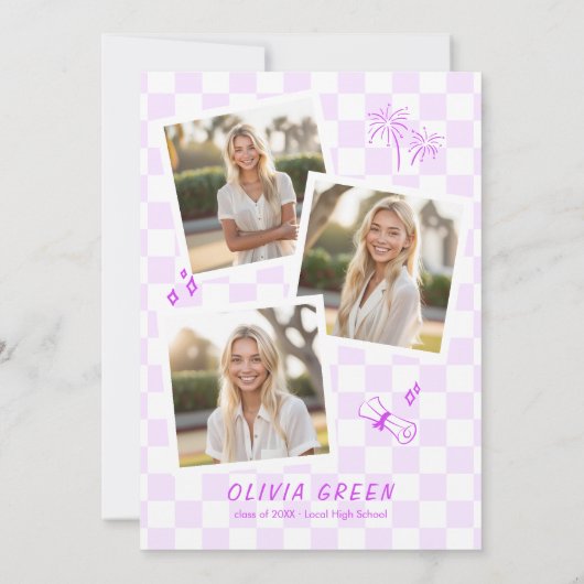 Paarse geruit Squiggle Lijst Afstuderen Kaart (Achterkant)