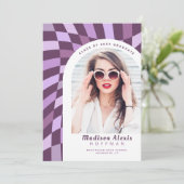 Paarse geruite boog foto retro Afstuderen Aankondiging (Staand voorkant)