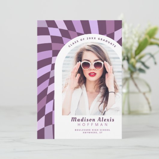 Paarse geruite boog foto retro Afstuderen Aankondiging (Staand voorkant)