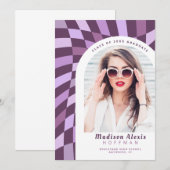 Paarse geruite boog foto retro Afstuderen Aankondiging (Voorkant / Achterkant)