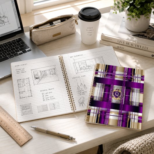 Paarse geruite monogram spiral notebook notitieboek