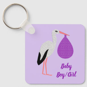 Paarse geslacht neutrale Baby Ooievaar Baby Shower Sleutelhanger