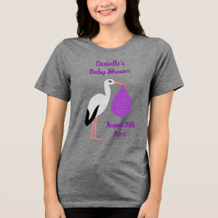 Paarse geslacht neutrale Baby Ooievaar Baby Shower Tri-Blend Shirt