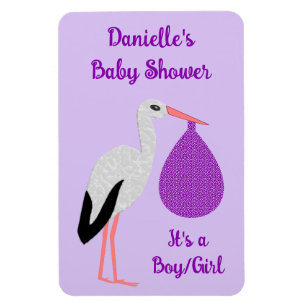 Paarse geslachtsneutrale Baby Ooievaar Baby Shower Magneet