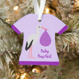 Paarse geslachtsneutrale Baby Ooievaar Eerste Kers Ornament