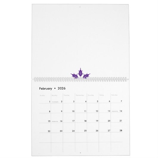 Paarse, gestileerde florale mandala ontwerp op een kalender (Feb 2026)