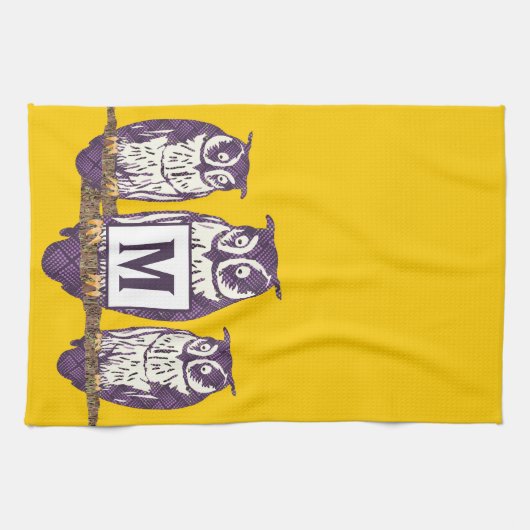 Paarse gestileerde uil familie op elke kleur theedoek (Horizontaal)