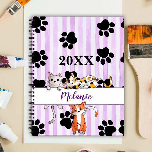 Paarse gestreepte achtergrond kittens & poten aanp planner