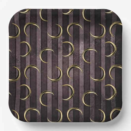 Paarse gestreepte gouden maanpatroon gotische vint papieren bordje (Voorkant)