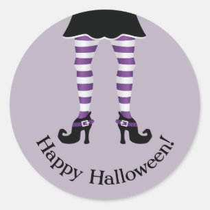 Paarse gestreepte heksenbenen Fijne Halloween Teks Ronde Sticker