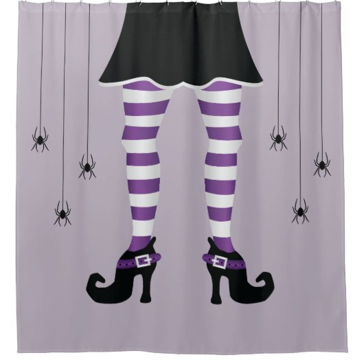 Paarse gestreepte heksenpoten en spinnen Halloween Douchegordijn (Voorkant)