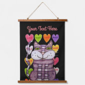 Paarse Gestreepte Kat Valentijn Snoep Harten Zwart Hangend Wandkleed (Voorkant)