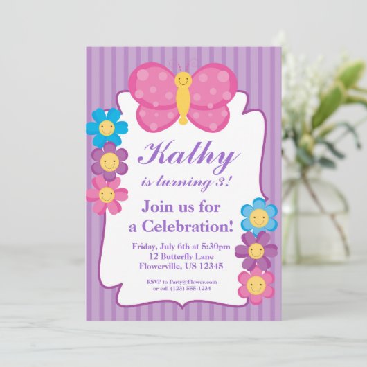 Paarse gestripte vlinder - uitnodiging (Staand voorkant)