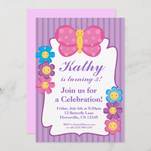 Paarse gestripte vlinder - uitnodiging (Voorkant / Achterkant)