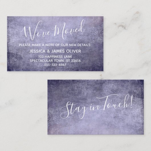 Paarse getextureerde grunge "We hebben ons verplaa Informatiekaartje (Voorkant / Achterkant)