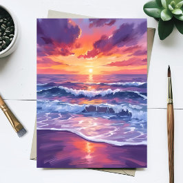 Paarse Getijde | Paarse Zonsondergang Oceaan Golve Briefkaart