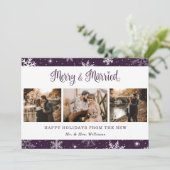 Paarse getrouwde Pas getrouwd Snowflake Foto Feestdagenkaart (Staand voorkant)