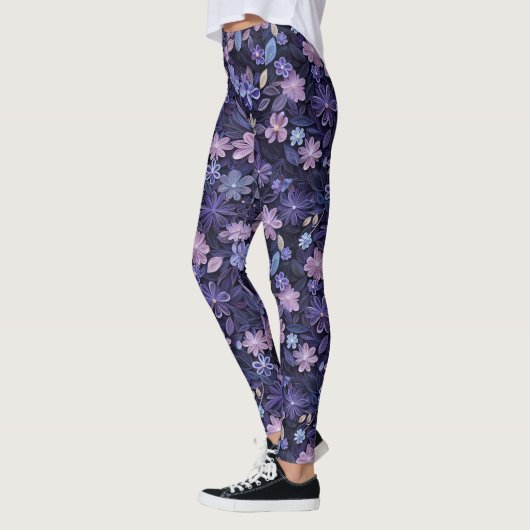 Paarse gewervelde bloemen leggings (Links)