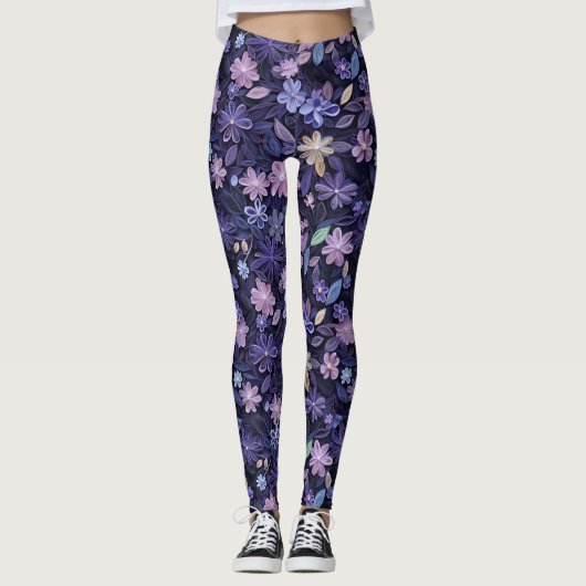 Paarse gewervelde bloemen leggings (Voorkant)
