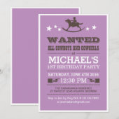 Paarse Gezochte Westerne Cowboy Birthday Uitnodigi Kaart (Voorkant / Achterkant)