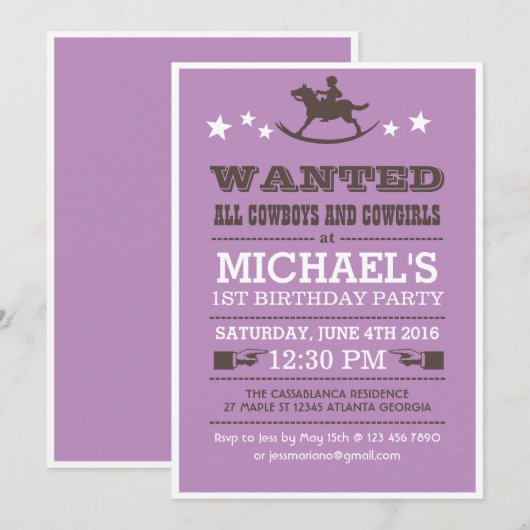 Paarse Gezochte Westerne Cowboy Birthday Uitnodigi Kaart (Voorkant / Achterkant)