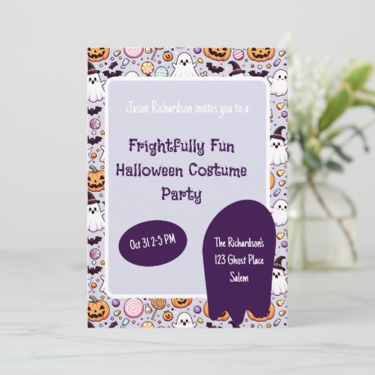 Paarse Ghost Kinderen Halloween Party Uitnodiging (Staand voorkant)