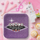 Paarse Giltter wat er in Bunco gebeurt Papieren Bordje (Feest)