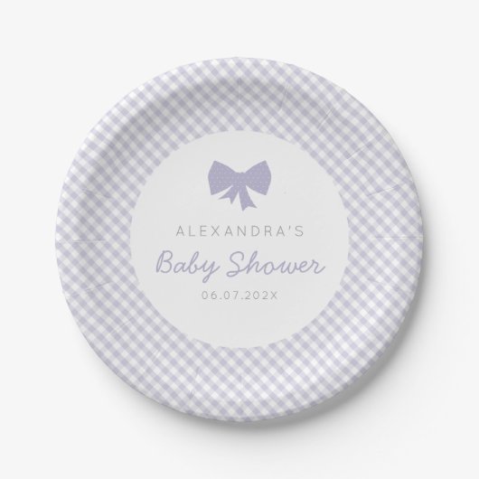 Paarse gingham baby shower boeg papieren bordje (Voorkant)
