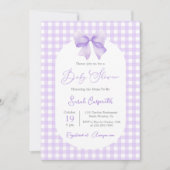 Paarse Gingham Baby shower uitnodiging met boog (Voorkant)