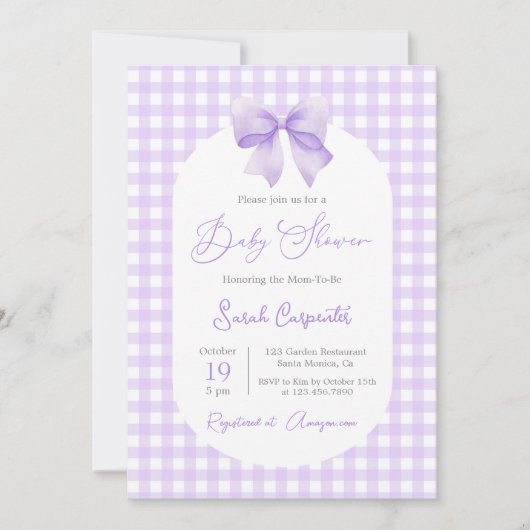 Paarse Gingham Baby shower uitnodiging met boog