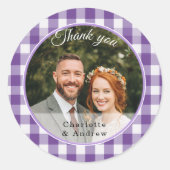 Paarse Gingham Bedankt Foto Ronde Sticker (Voorkant)