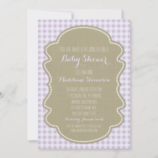 Paarse Gingham Burlap Baby Shower-uitnodigingen Kaart (Achterkant)