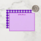 Paarse Gingham Check Plaid Tartan Naam Rand Notitiekaartje (Voorkant / Achterkant in situ)