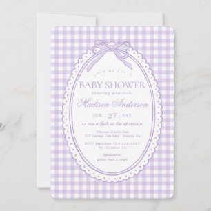 Paarse Gingham Coquette Strik Babyfeestje Kaart