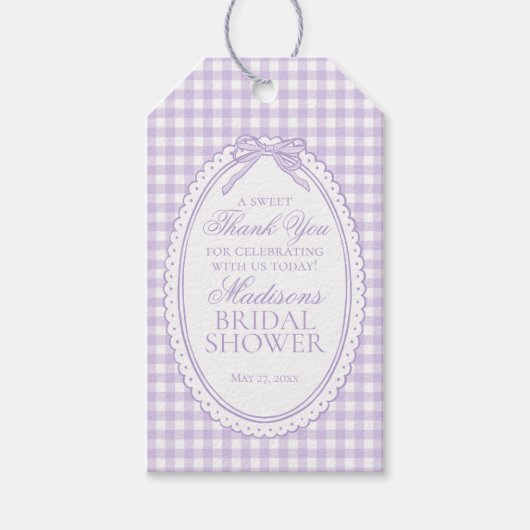 Paarse Gingham Coquette Strik Bruidsdouche Favorie Cadeaulabel (Voorkant)