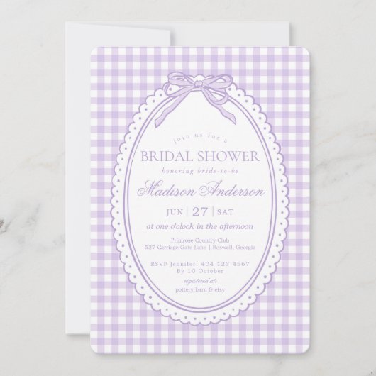 Paarse Gingham Coquette Strik Bruidsdouche Kaart (Voorkant)