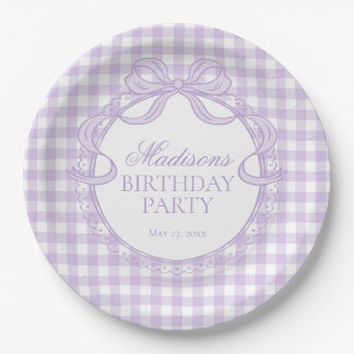 Paarse Gingham Coquette Strik Verjaardagsfeestje Papieren Bordje