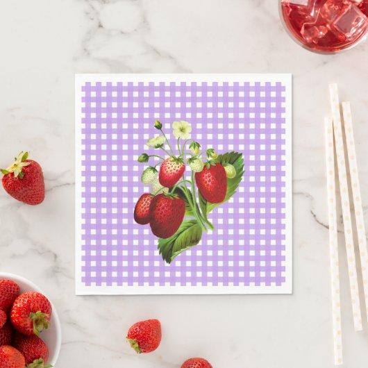 Paarse Gingham en aardbeien Lunch Paper Napkin Servet (Insitu)