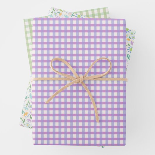 Paarse Gingham en Bloemen Inpakpapier Sh (In situ)