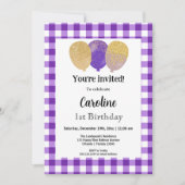 Paarse Gingham, feestballonnen 1e Verjaardag Kaart (Voorkant)
