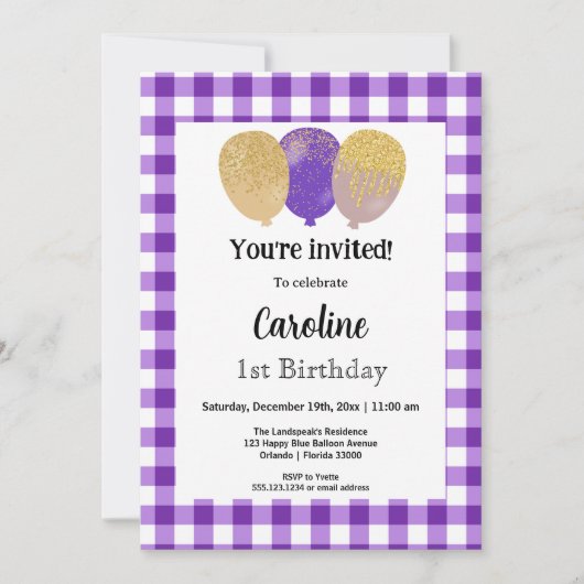 Paarse Gingham, feestballonnen 1e Verjaardag Kaart (Voorkant)