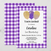 Paarse Gingham, feestballonnen 1e Verjaardag Kaart (Voorkant / Achterkant)