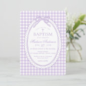 Paarse Gingham Flirterige Strik Doop Kaart (Staand voorkant)